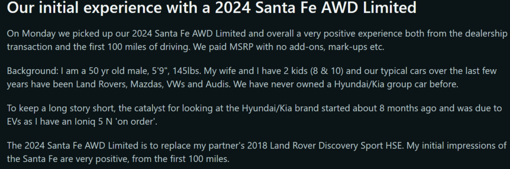 2024 싼타페 AWD 실구매 리뷰 : 해외 반응 2 레딧 후기 : 싼타페 AWD