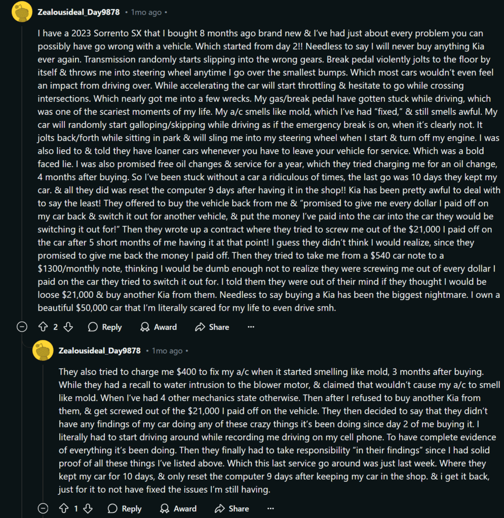 2025 기아 쏘렌토 리뷰 : 실사용자가 평가한 장점과 단점 11 기아 쏘렌토에 대한 불만 댓글
