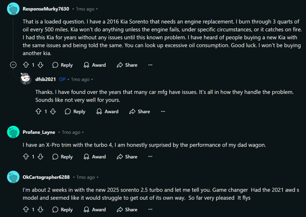 2025 기아 쏘렌토 리뷰 : 실사용자가 평가한 장점과 단점 12 쏘렌토 레딧 댓글들